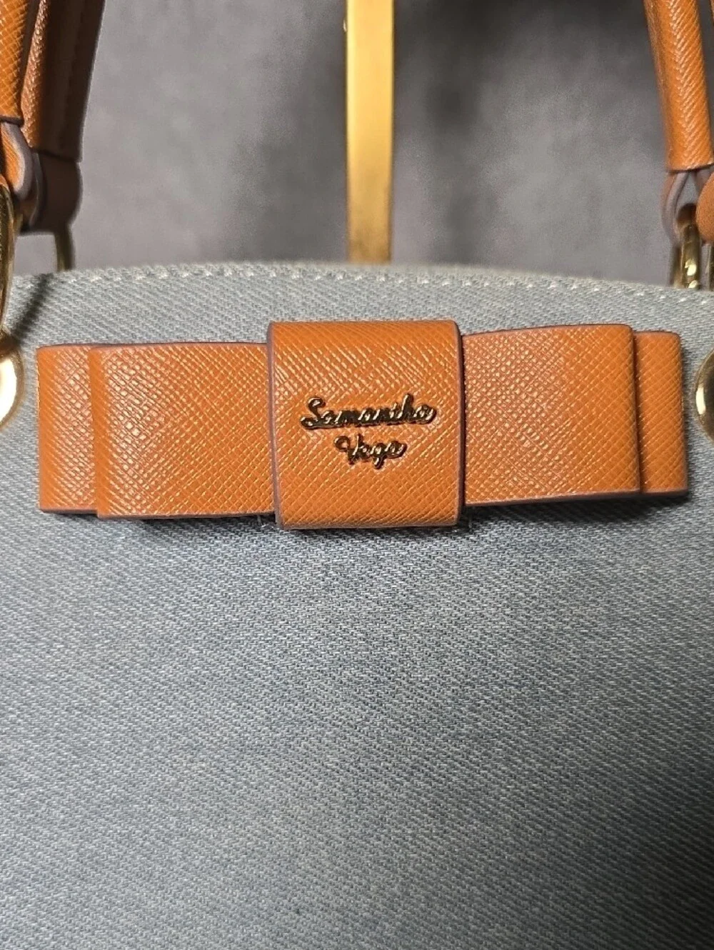 Light Blue Denim & Tan Leather Bow-Trim Satchel
